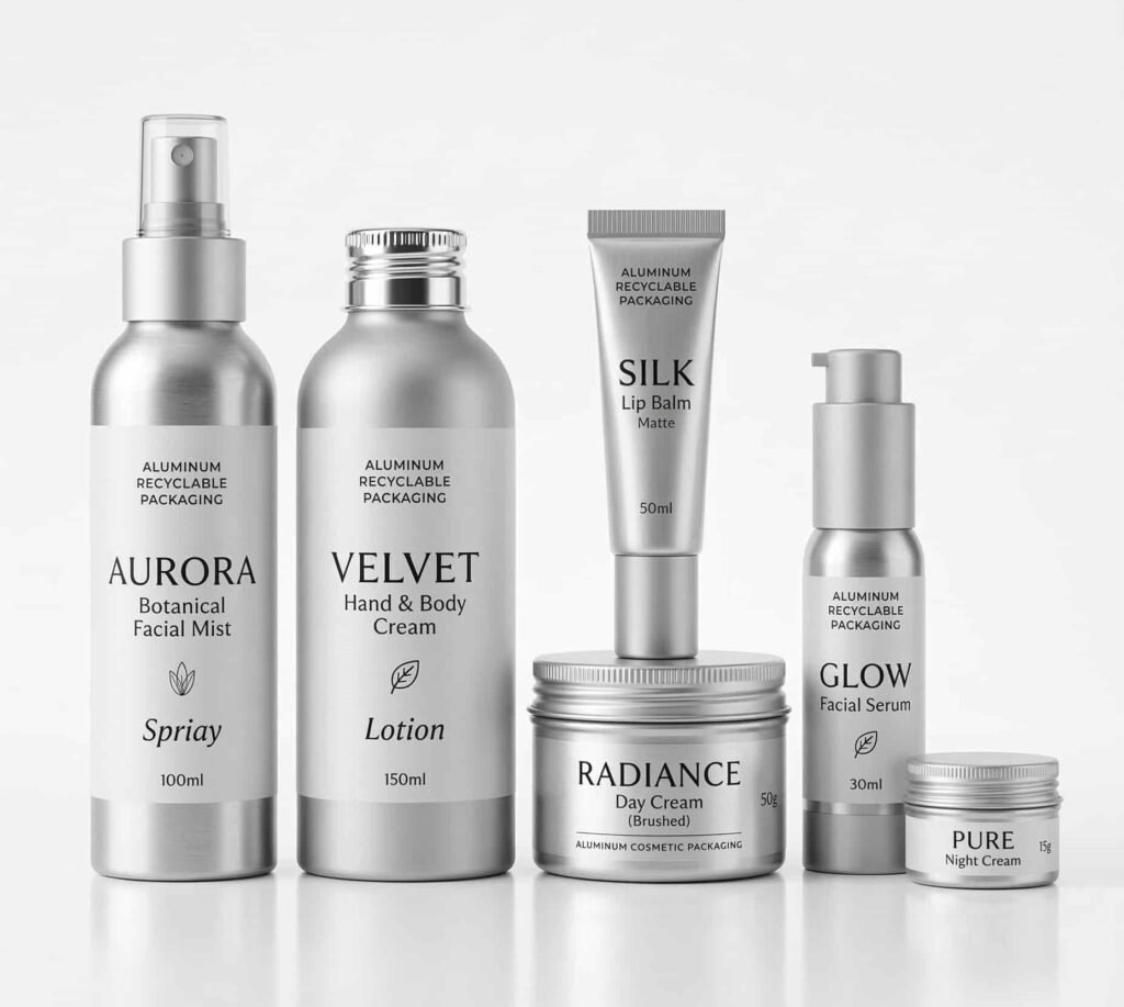 Premium aluminum cosmetic packaging set: brushed metal bottles, jars, and tubes for skincare products. Eco-friendly silver aluminum containers on a white background for sustainable beauty branding