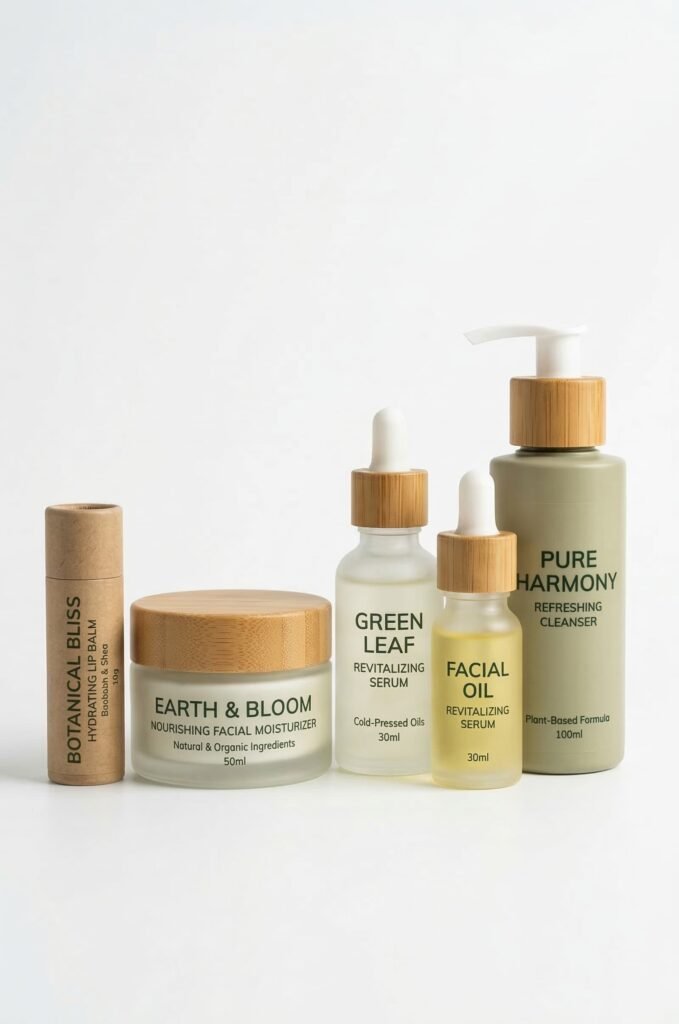 Five assorted skincare containers including a lip balm tube, a glass jar, two dropper bottles, and a pump bottle. All items feature light wood-grain bamboo caps and minimalist green labels, emphasizing a sustainable and clean beauty aesthetic