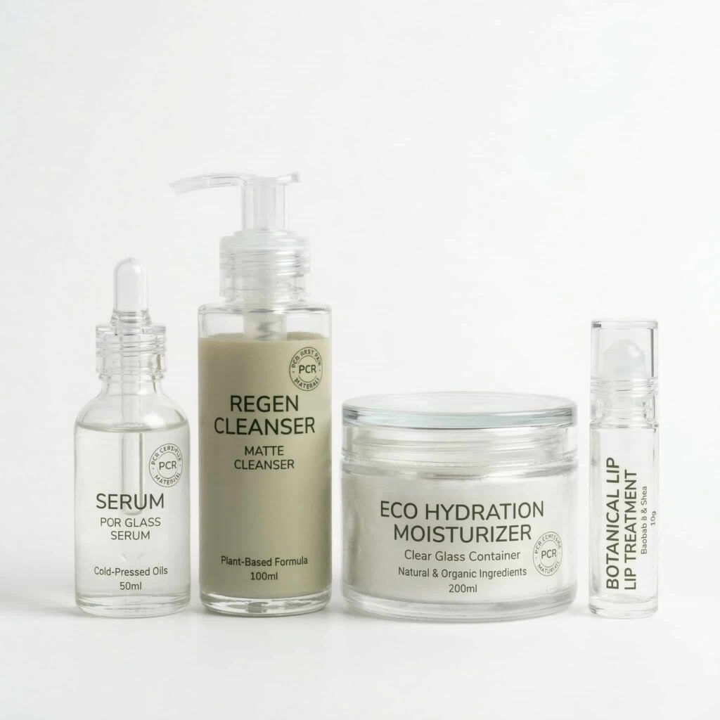 Collection of eco-friendly PCR cosmetic packaging including cream jar, dropper bottle, and pump bottles on white background.