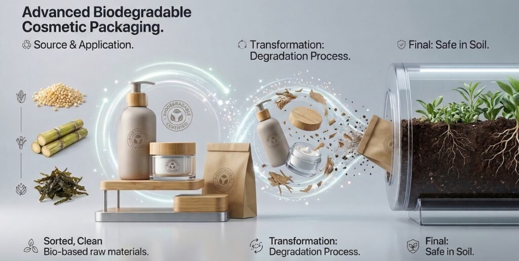 A corporate infographic showing the life cycle of advanced biodegradable cosmetic packaging, from bio-based raw materials to premium containers and their final safe decomposition into nutrient-rich soil.