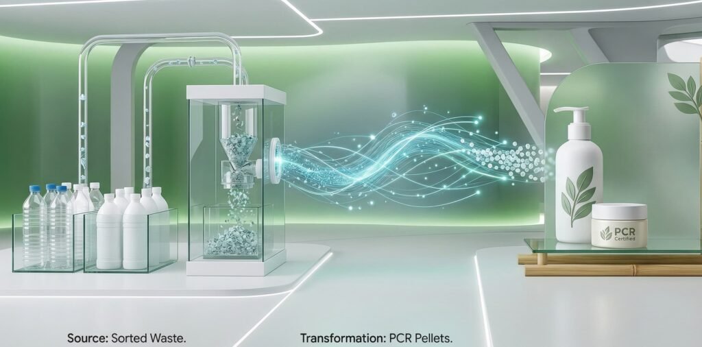 Showing the PCR (Post-Consumer Recycled) value chain, from sorted plastic waste to high-tech transformation and premium cosmetic packaging