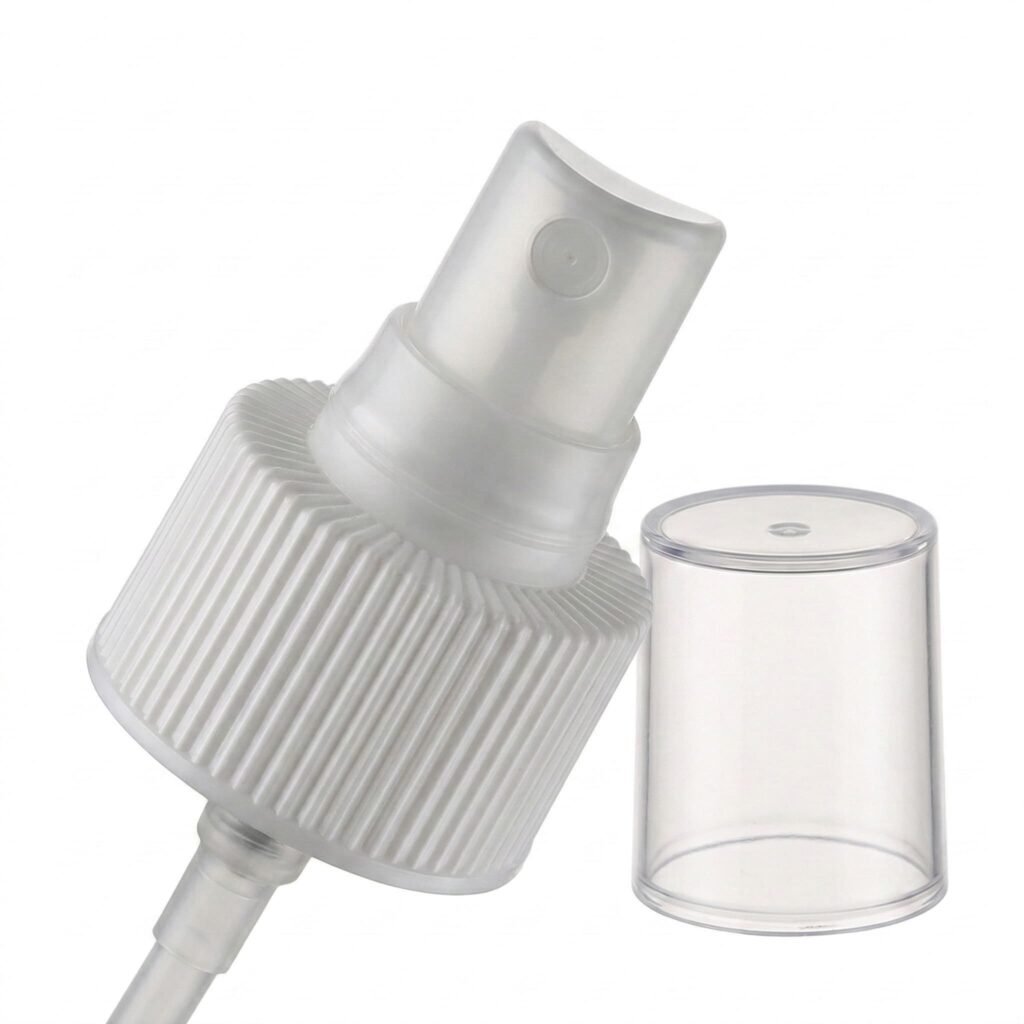 White plastic fine mist sprayer on frosted glass bottle showing fine atomization spray effect.