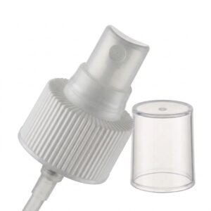 White plastic fine mist sprayer on frosted glass bottle showing fine atomization spray effect.