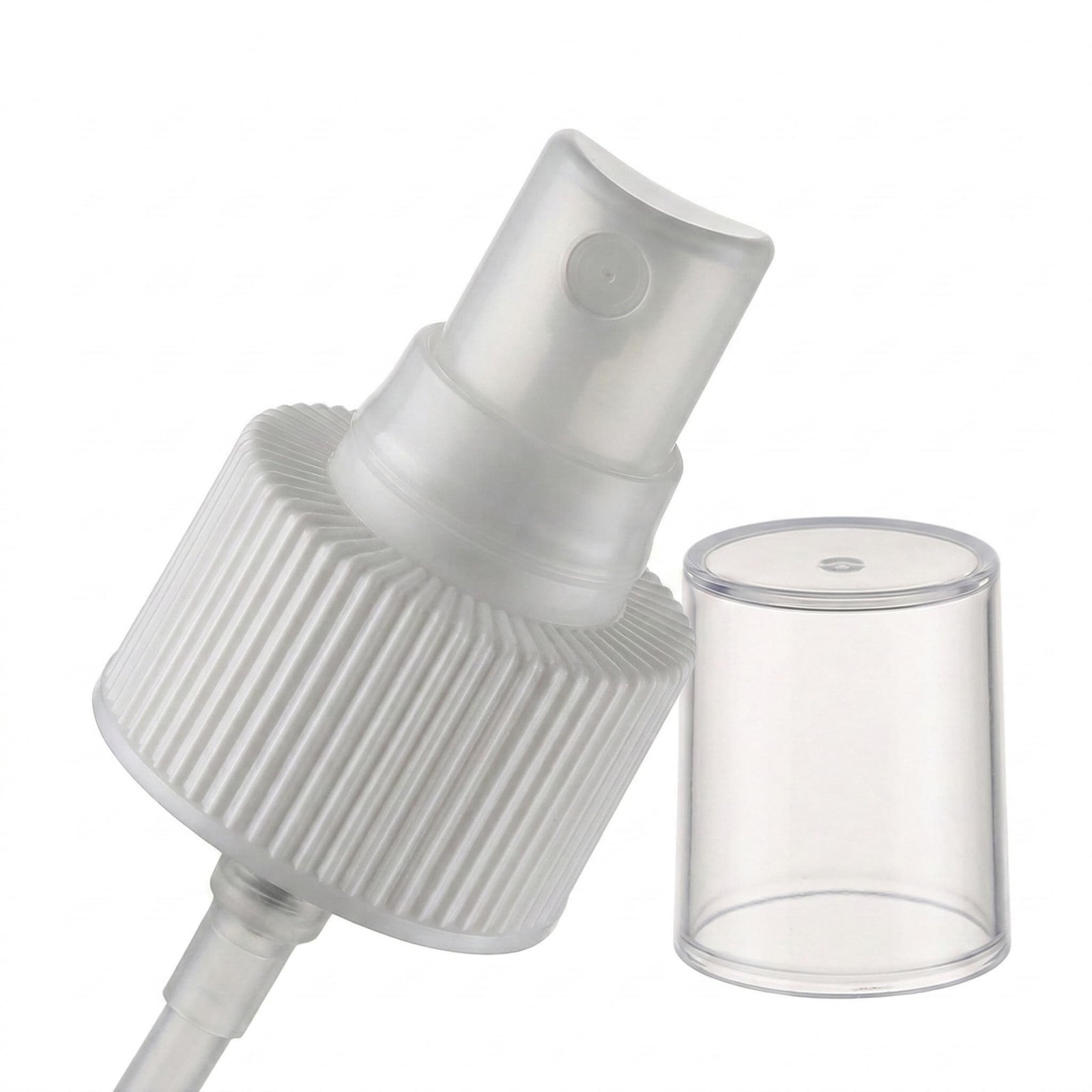 White plastic fine mist sprayer on frosted glass bottle showing fine atomization spray effect.