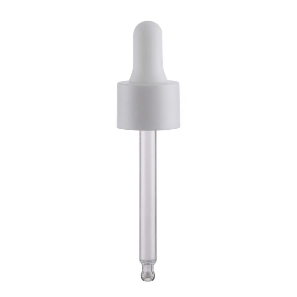 A high-resolution product photography shot of a single matte white PP closure serum dropper assembly, isolated on a pure white background. Features include a frosted white rubber bulb, a matte white plastic ribbed cap, and a clear glass pipette.