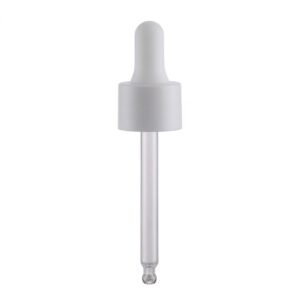 A high-resolution product photography shot of a single matte white PP closure serum dropper assembly, isolated on a pure white background. Features include a frosted white rubber bulb, a matte white plastic ribbed cap, and a clear glass pipette.