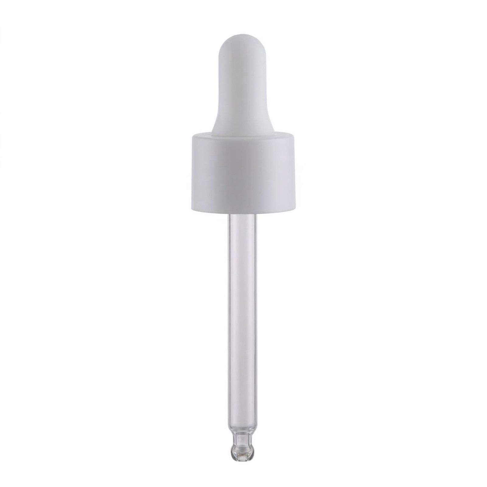 A high-resolution product photography shot of a single matte white PP closure serum dropper assembly, isolated on a pure white background. Features include a frosted white rubber bulb, a matte white plastic ribbed cap, and a clear glass pipette.