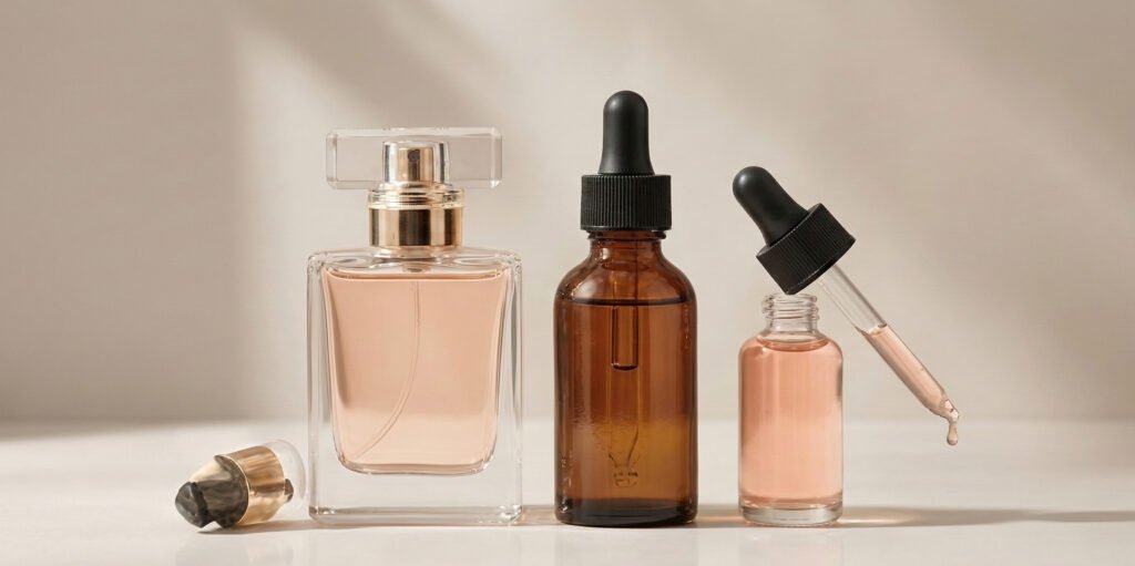 Commercial photograph of premium, recyclable glass packaging including a luxury perfume bottle, an amber apothecary bottle, and a clear serum vial with glass droppers, displayed on a clean reflective surface with soft, warm lighting.
