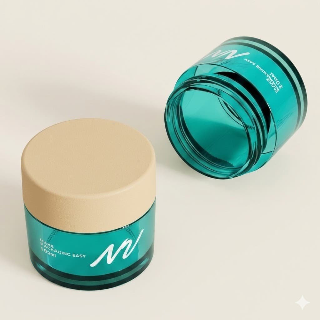 10ml ocean blue PETG cosmetic jar with sand colored cap by NV packaging.