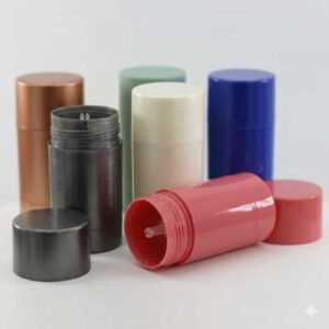 Eco-friendly mono-material all-PP deodorant stick containers in various glossy colors including coral pink, metallic grey, blue, and white over a light grey background.