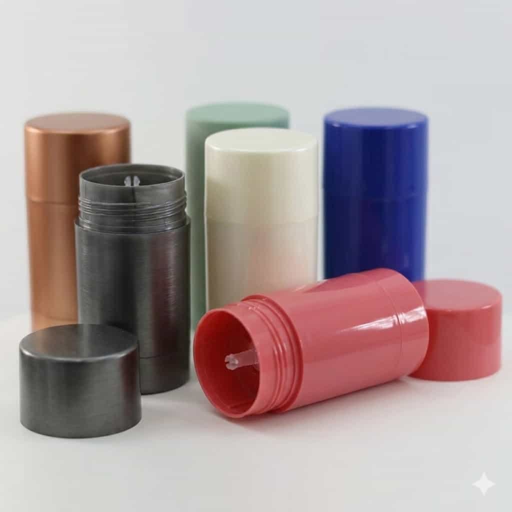 Eco-friendly mono-material all-PP deodorant stick containers in various glossy colors including coral pink, metallic grey, blue, and white over a light grey background.