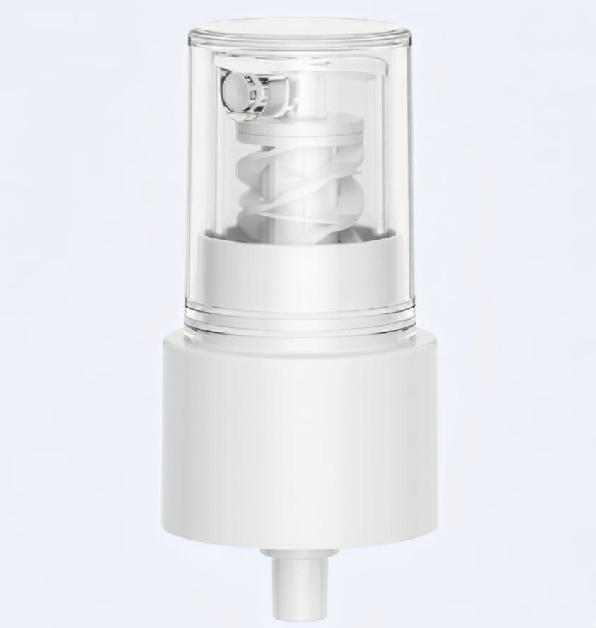 100% recyclable all-PP fine mist sprayer in pure white, eco-friendly metal-free cosmetic pump dispenser for skincare bottles.