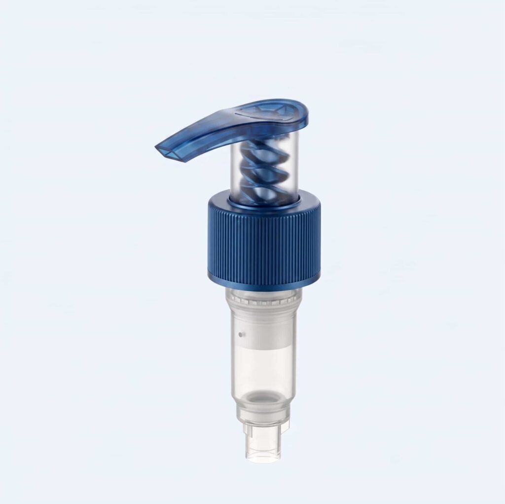 Translucent blue mono-material all-PP lotion pump with transparent housing showing metal-free internal plastic spring mechanism.