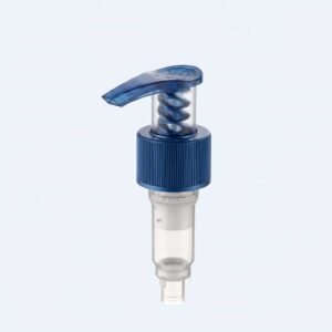 Translucent blue mono-material all-PP lotion pump with transparent housing showing metal-free internal plastic spring mechanism.