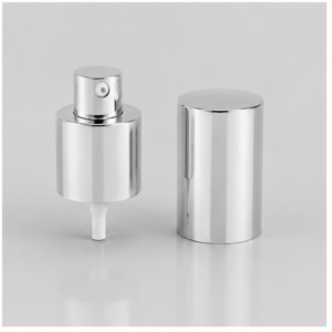 Anodized silver aluminum 24-410 cream pump with matching full overcap for skincare packaging