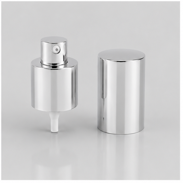 Anodized silver aluminum 24-410 cream pump with matching full overcap for skincare packaging