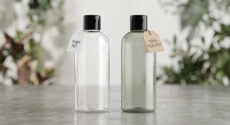 A studio comparison shot demonstrating the visual difference between virgin plastic and a high-percentage PCR material, visually explaining the "speckle" and "tint" effects.