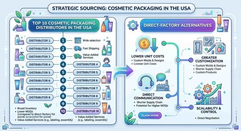 B2B infographic comparing top 10 USA cosmetic packaging distributors vs factory-direct sourcing at Yuyao Nova Packaging, highlighting MoCRA compliance.