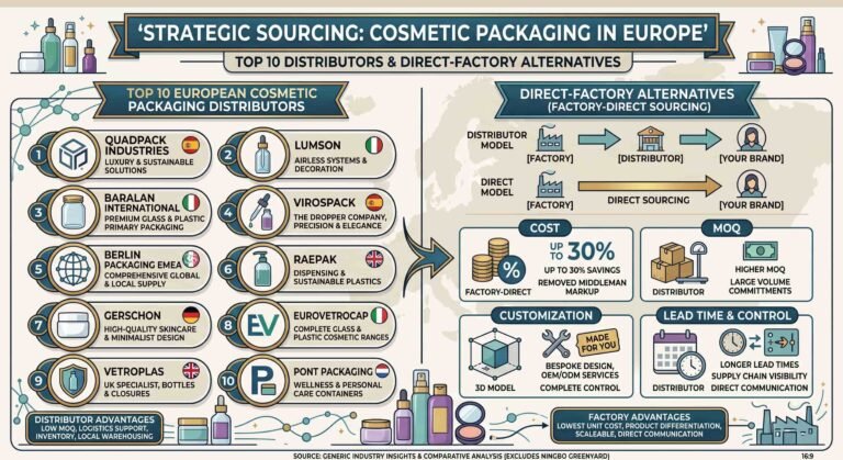 B2B infographic comparing top 10 European cosmetic packaging distributors vs direct factory sourcing at Ningbo Greenyard Sprayer, highlighting PPWR compliance and 30% PCR content.