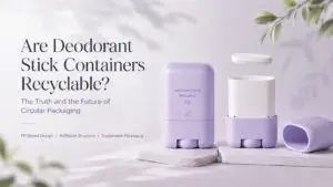 Refillable deodorant stick containers in pastel lavender color with replaceable refill pod, PP-based design, and sustainable cosmetic packaging concept for circular packaging.