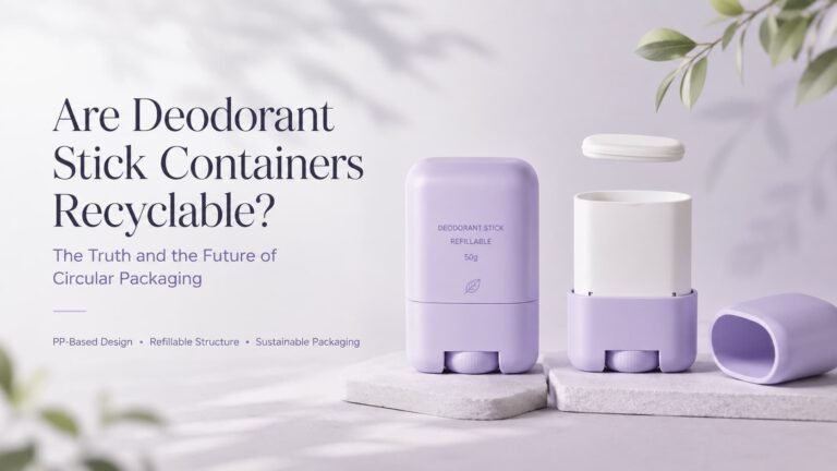 Refillable deodorant stick containers in pastel lavender color with replaceable refill pod, PP-based design, and sustainable cosmetic packaging concept for circular packaging.