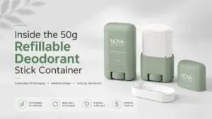 50g refillable deodorant stick container with Nova Packaging branding, showing reusable outer case, replaceable refill pod, twist-up base, and sustainable PP/PCR packaging design on a light gray background.
