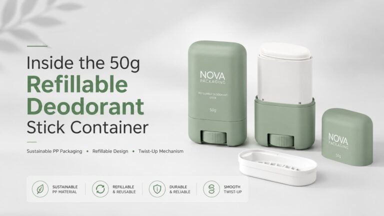 50g refillable deodorant stick container with Nova Packaging branding, showing reusable outer case, replaceable refill pod, twist-up base, and sustainable PP/PCR packaging design on a light gray background.