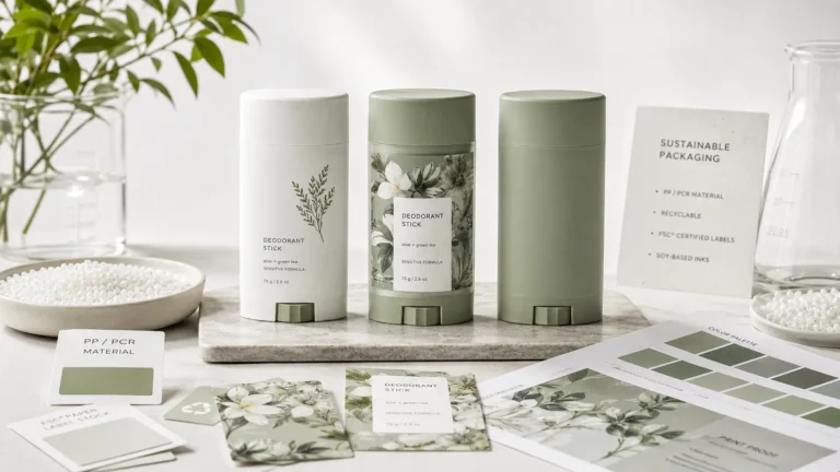 Premium custom decoration on sustainable deodorant stick containers comparing silk screening and labeling