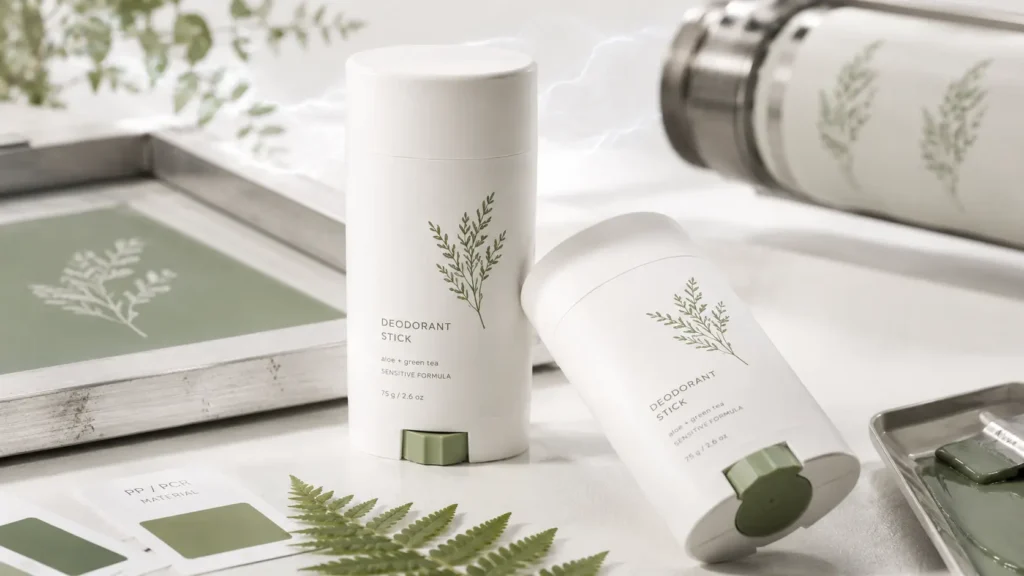 Custom silk screen printing on a white matte PCR PP deodorant stick container showcasing premium minimalist branding