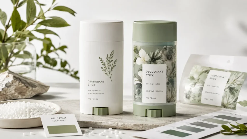 High definition eco friendly PP label applied on a sustainable mono material deodorant stick tube packaging